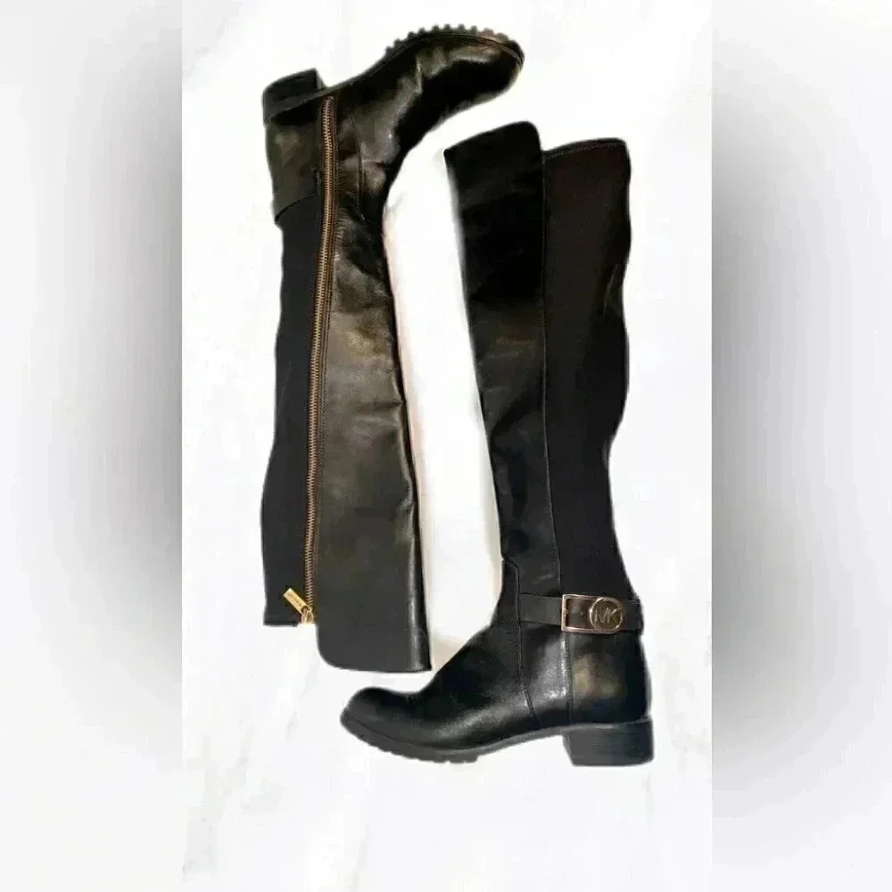 Micheal Kors black knee high gold zipper rubber sole leather riding boots 5.5